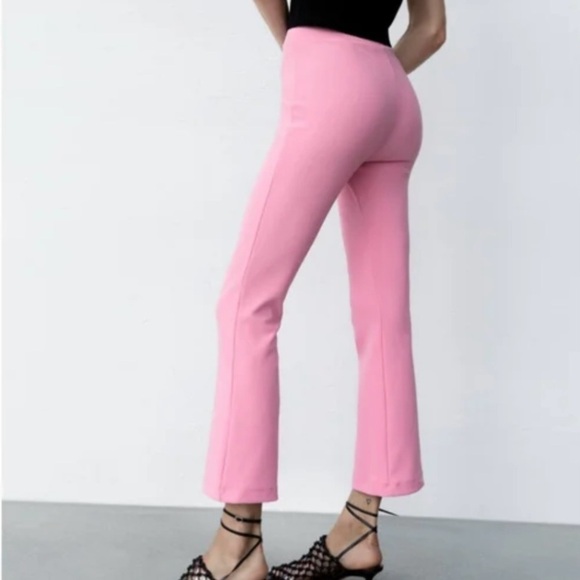 ZARA High Waisted Bubblegum‎ Pink Fine Ribbed Flare Leg Pull On Pants, Large - Picture 2 of 12